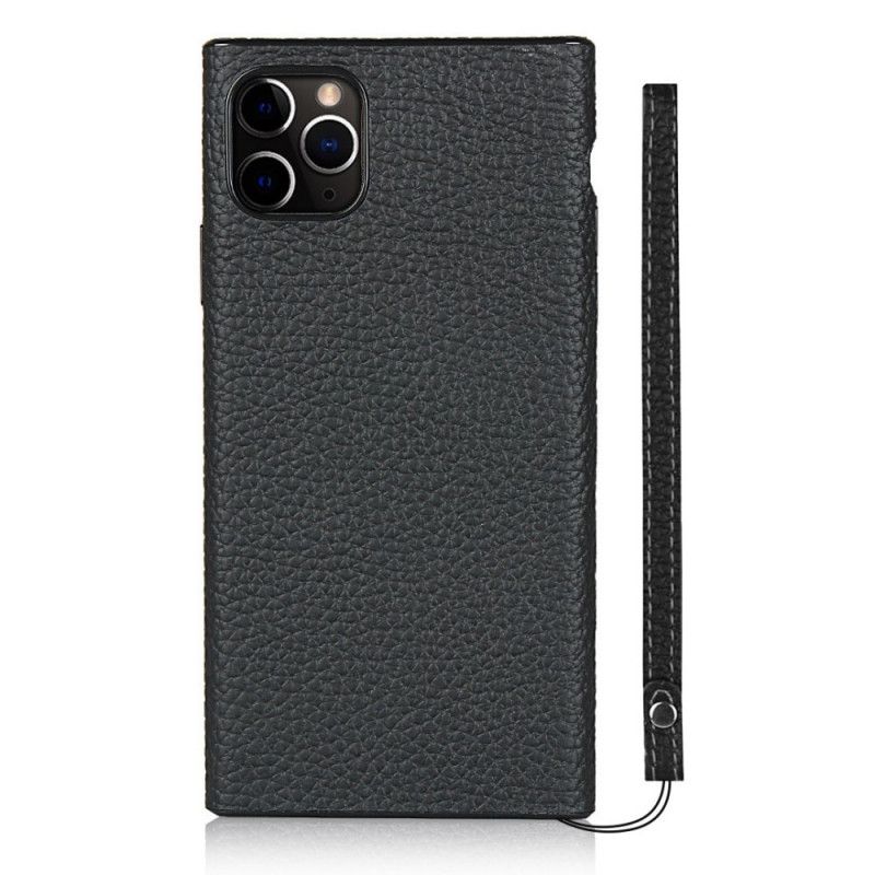 Hoesje iPhone 11 Pro Grijs Zwart Echt Lychee Leer Met Riempje
