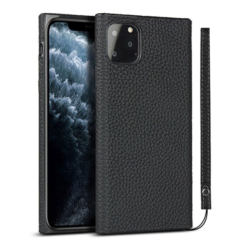 Hoesje iPhone 11 Pro Grijs Zwart Echt Lychee Leer Met Riempje