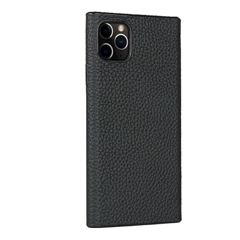 Hoesje iPhone 11 Pro Grijs Zwart Echt Lychee Leer Met Riempje