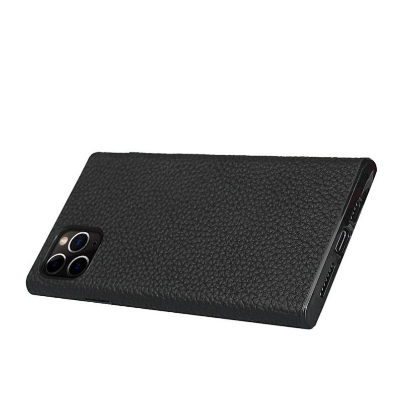 Hoesje iPhone 11 Pro Grijs Zwart Echt Lychee Leer Met Riempje