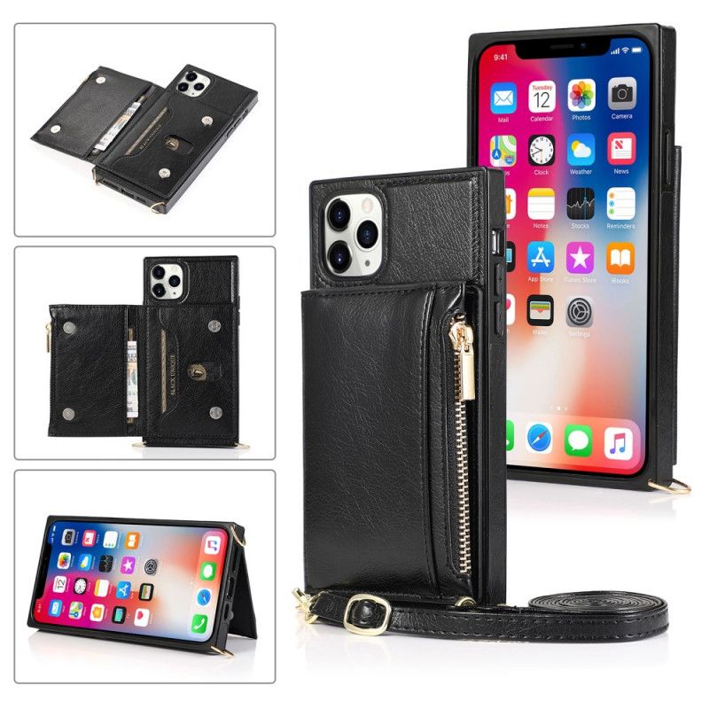 Hoesje iPhone 11 Pro Rood Zwart Multifunctioneel Met Verstelbare Riem