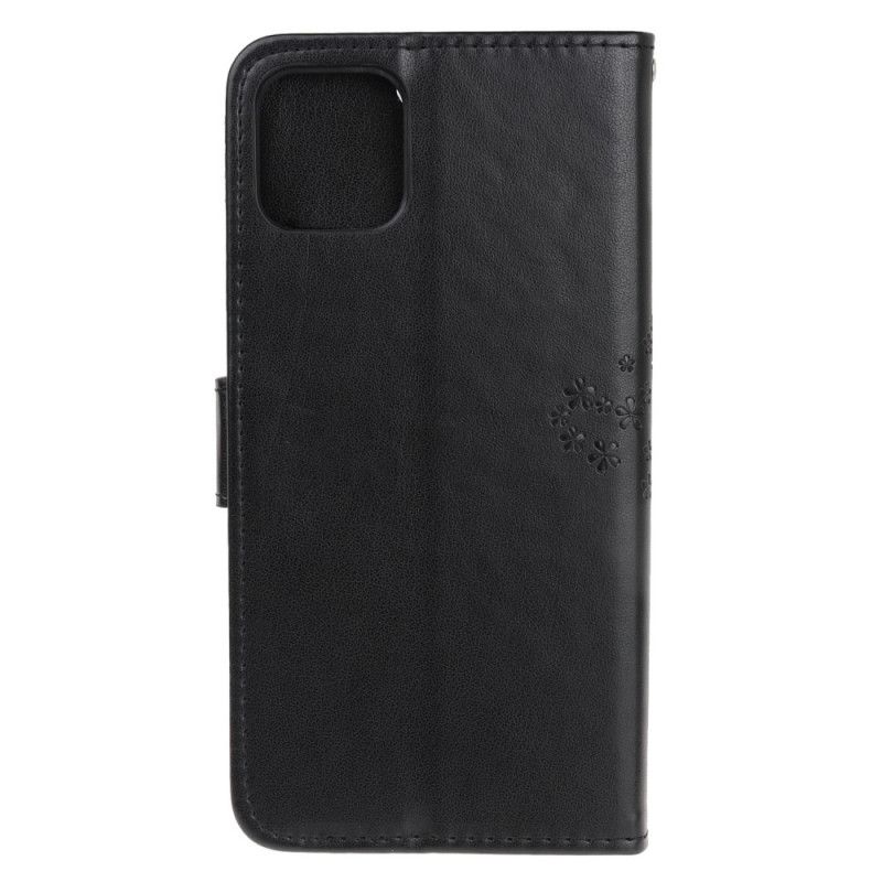 Leren Hoesje voor iPhone 11 Pro Grijs Zwart Boom En String Uilen