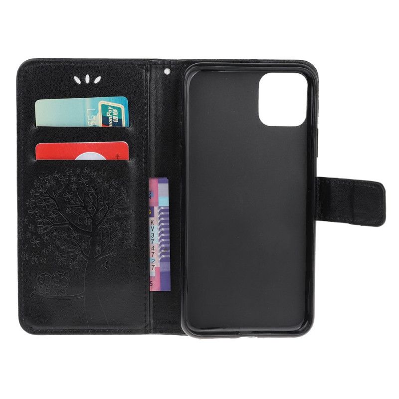 Leren Hoesje voor iPhone 11 Pro Grijs Zwart Boom En String Uilen