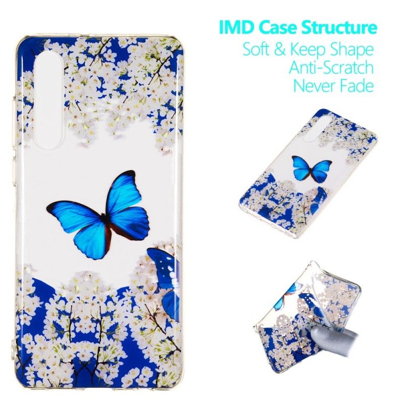 Case Hoesje Huawei P30 Telefoonhoesje Blauwe Vlinder En Winterbloemen