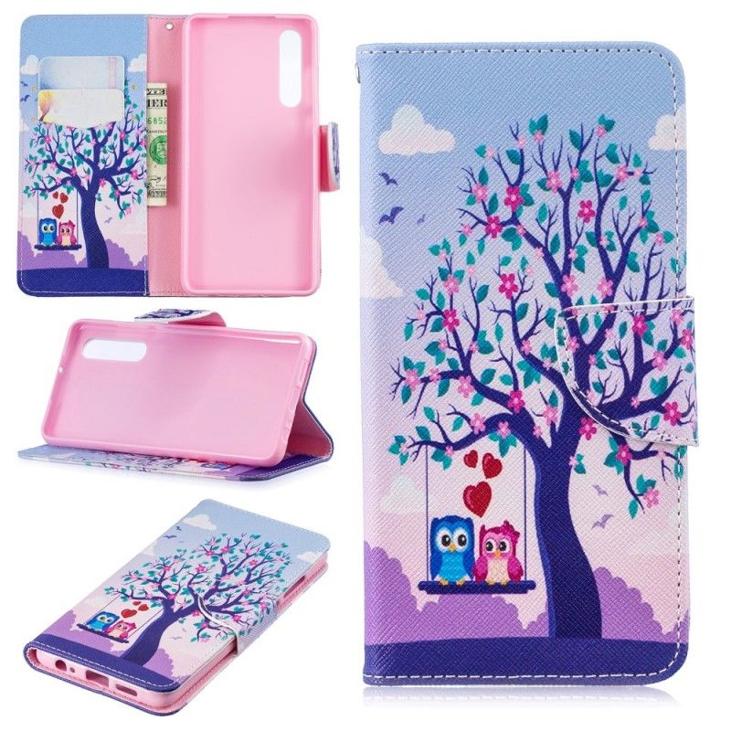 Flip Case Leren Huawei P30 Uilen Op De Schommel