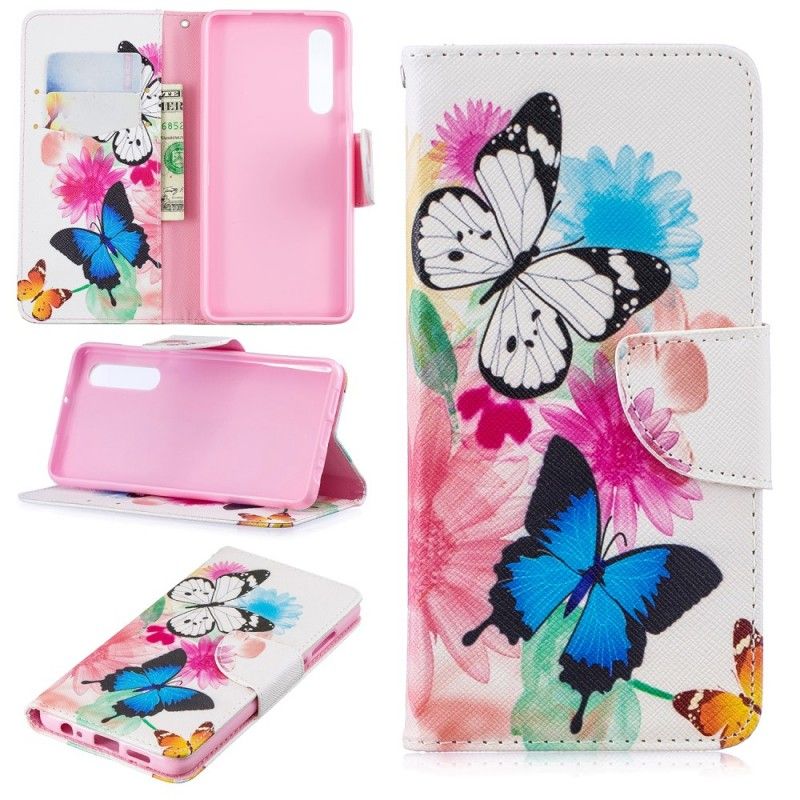 Leren Hoesje Huawei P30 Magenta Geschilderde Vlinders En Bloemen