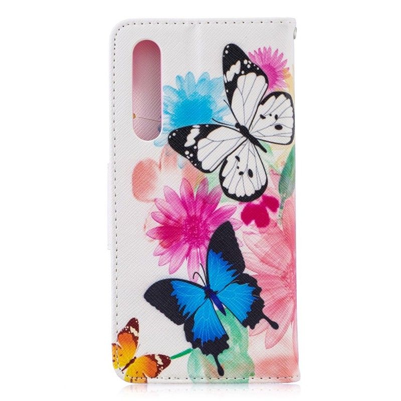 Leren Hoesje Huawei P30 Magenta Geschilderde Vlinders En Bloemen