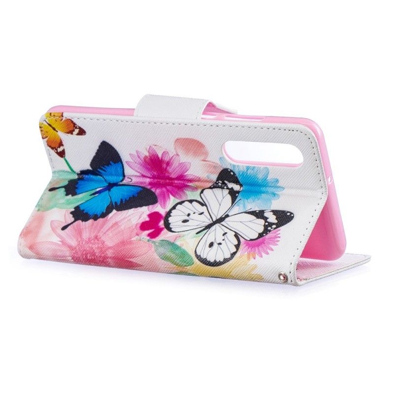 Leren Hoesje Huawei P30 Magenta Geschilderde Vlinders En Bloemen