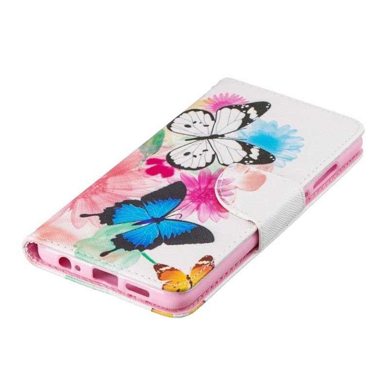 Leren Hoesje Huawei P30 Magenta Geschilderde Vlinders En Bloemen