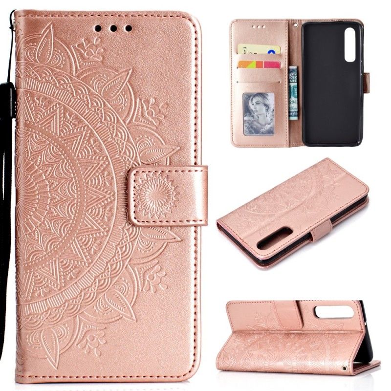 Leren Hoesje Huawei P30 Rood Grijs Telefoonhoesje Zon Mandala