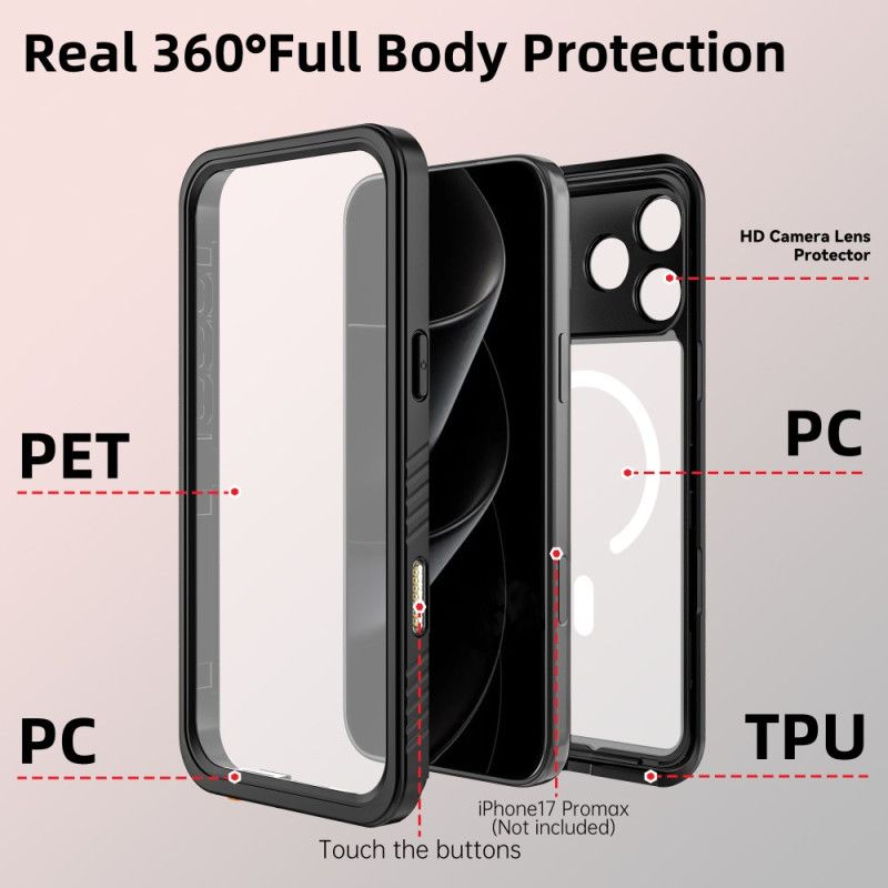 Case Hoesje iPhone 17 Pro Max Telefoonhoesje Transparante Magsafe-compatibele Waterdichte Ip68-houder