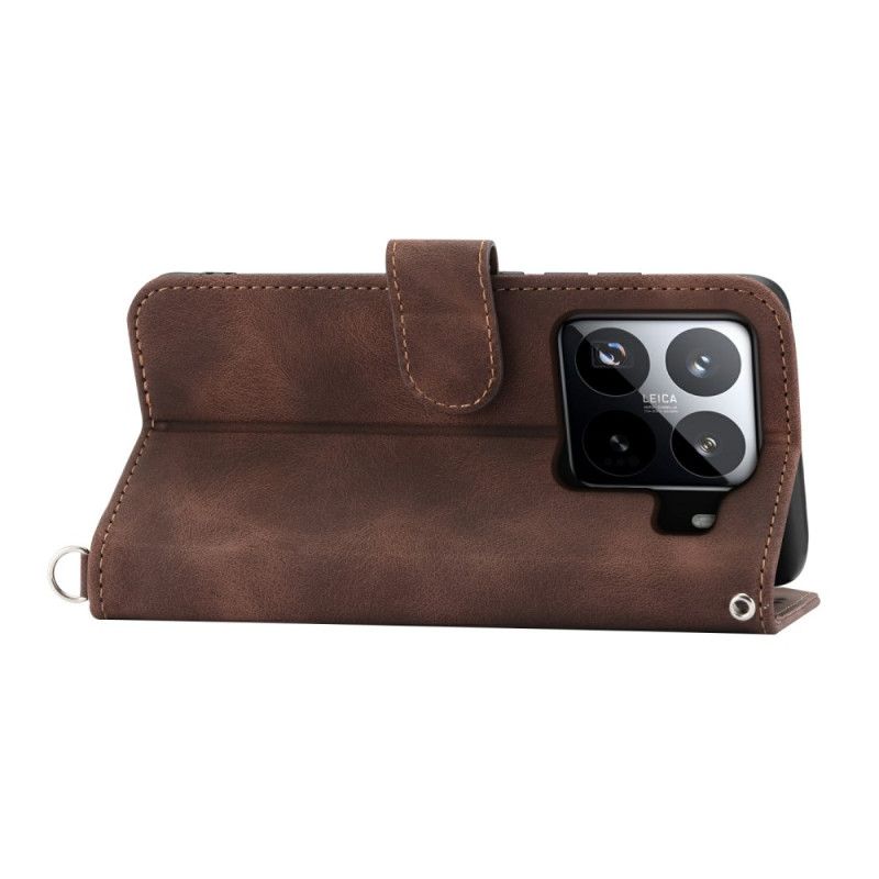 Leren Hoesje Voor Xiaomi 15 Pro Suède-effect Bloemenpatroon Met Bandje En Schouderriem