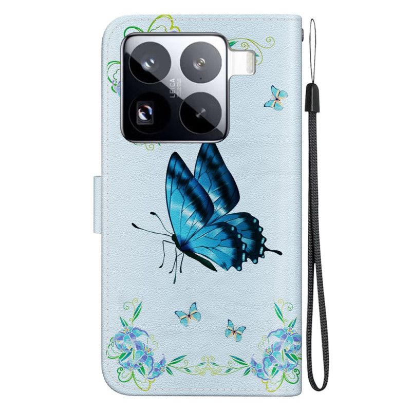 Leren Hoesje Voor Xiaomi 15 Pro Vlinder En Blauwe Bloemen