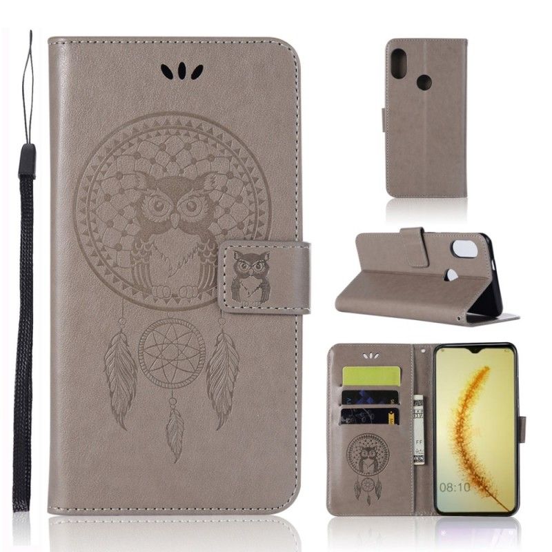 Bescherming Hoesje Huawei P Smart 2019 Grijs Zwart Uil Dromenvanger Met Leereffect