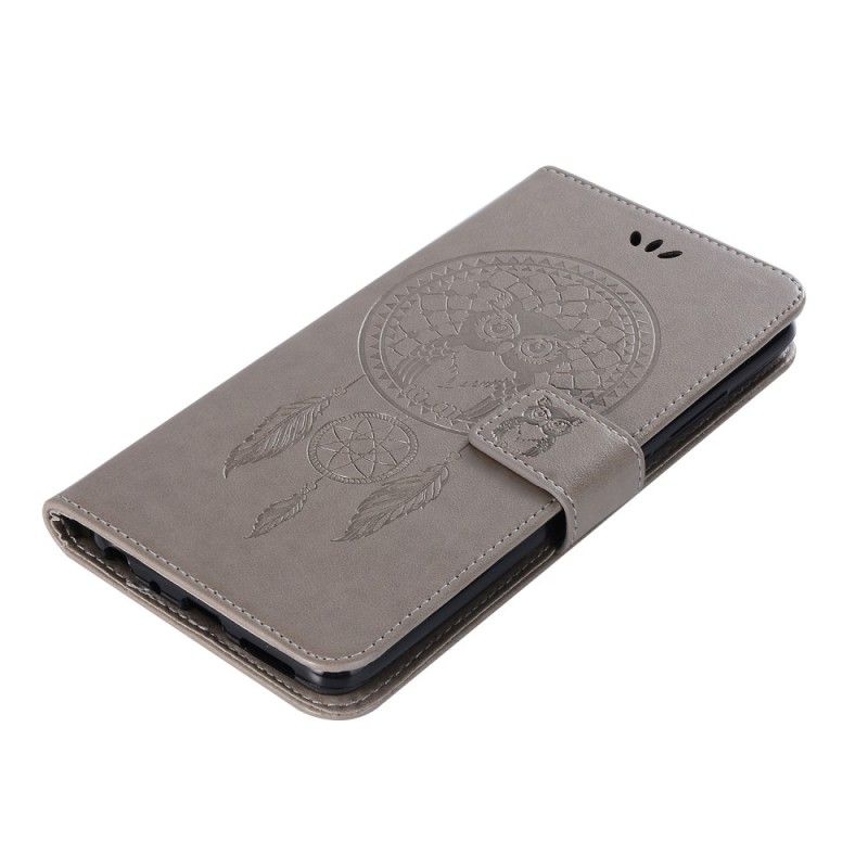 Bescherming Hoesje Huawei P Smart 2019 Grijs Zwart Uil Dromenvanger Met Leereffect
