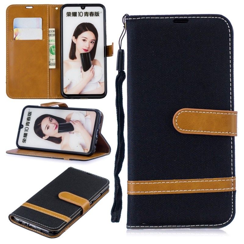 Flip Case Leren Huawei P Smart 2019 Grijs Zwart Stof En Leereffect Met String