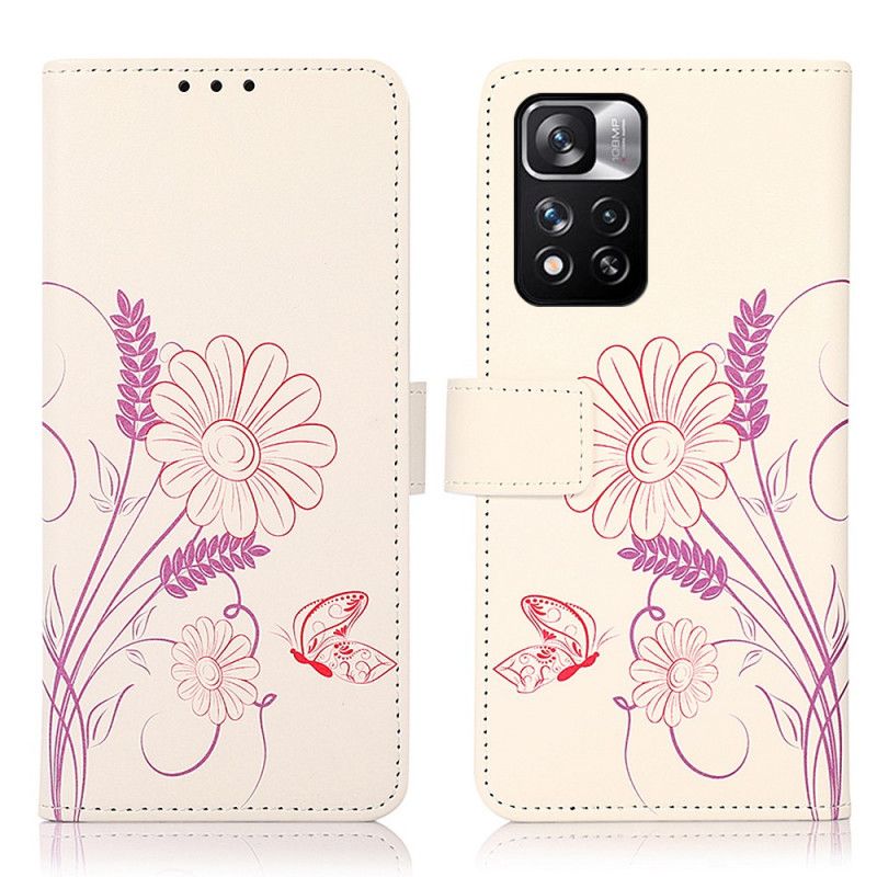 Leren Hoesje Xiaomi Redmi Note 11 Pro / Note 11 Pro Plus Vlinders En Bloemen Tekenen