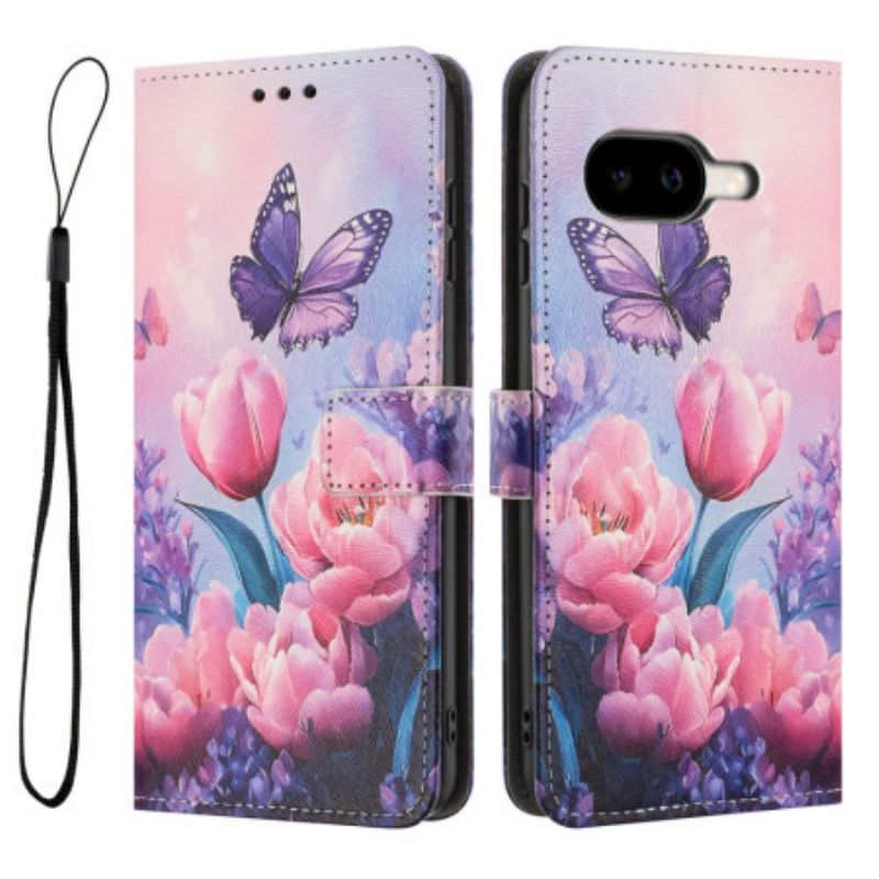 Flip Case Leren Google Pixel 10a Vlinders En Roze Bloemen