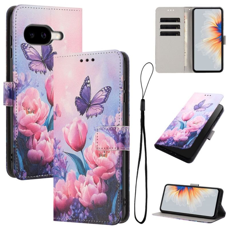 Flip Case Leren Google Pixel 10a Vlinders En Roze Bloemen