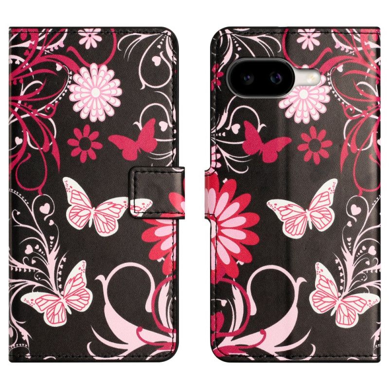 Leren Hoesje Voor Google Pixel 10a Vlinders Op Een Zwarte Achtergrond