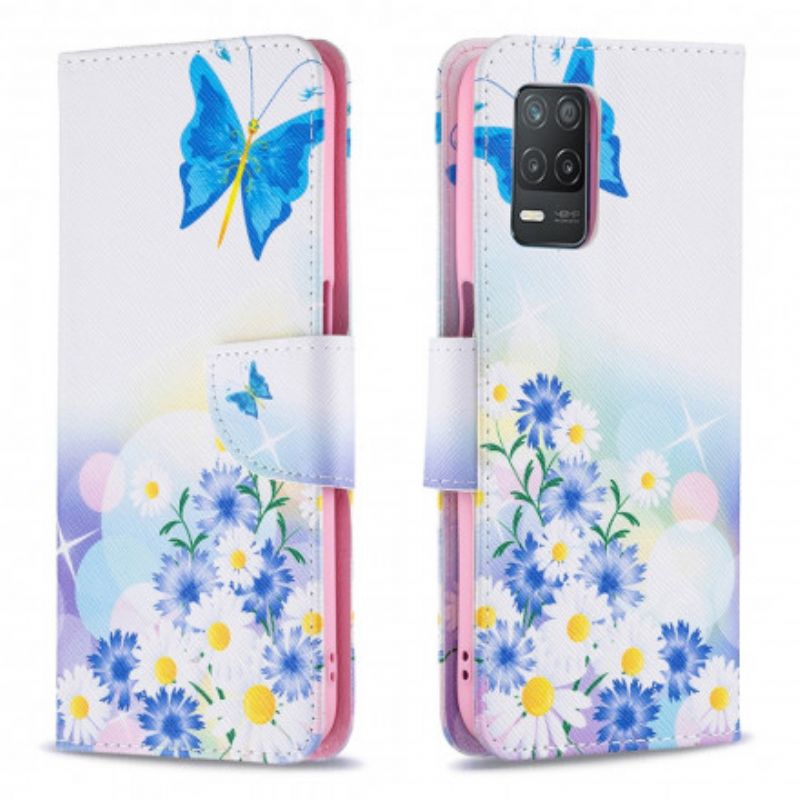 Leren Hoesje Voor Realme 8 5g Geschilderde Vlinders En Bloemen