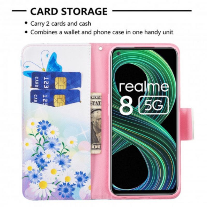 Leren Hoesje Voor Realme 8 5g Geschilderde Vlinders En Bloemen