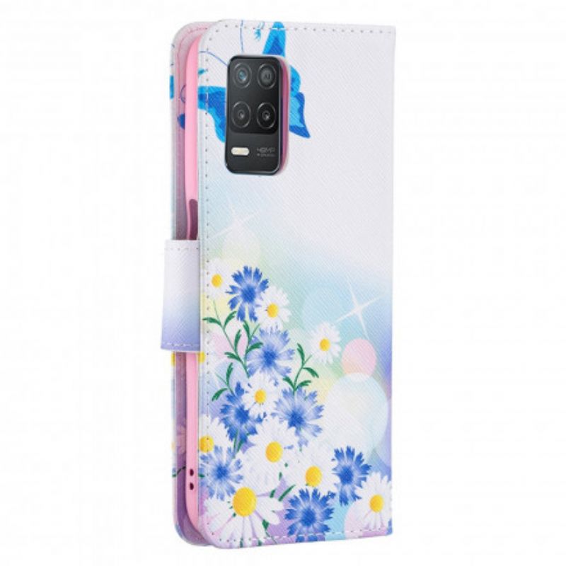 Leren Hoesje Voor Realme 8 5g Geschilderde Vlinders En Bloemen