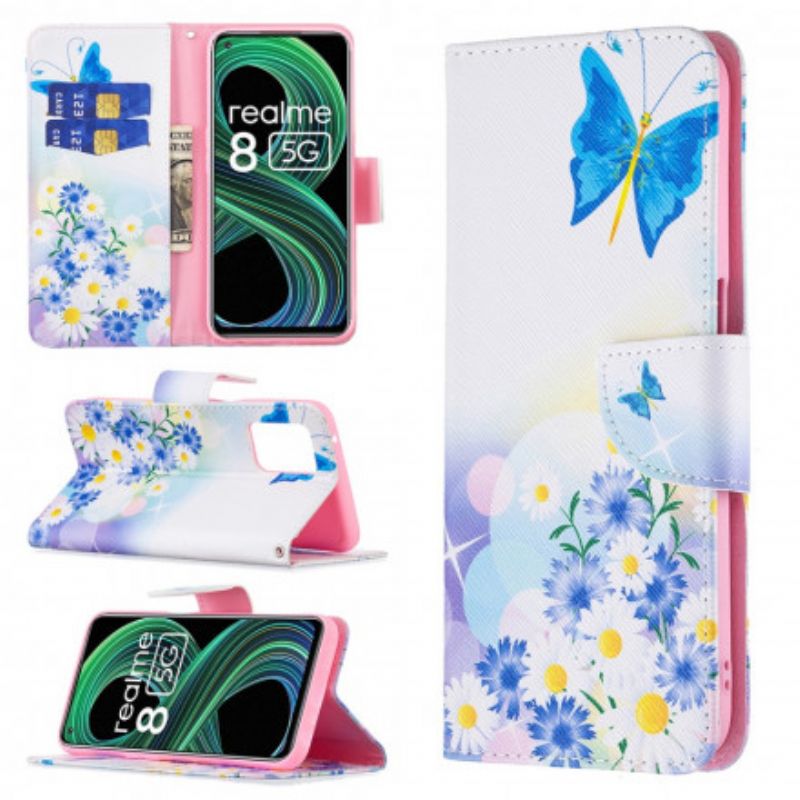 Leren Hoesje Voor Realme 8 5g Geschilderde Vlinders En Bloemen