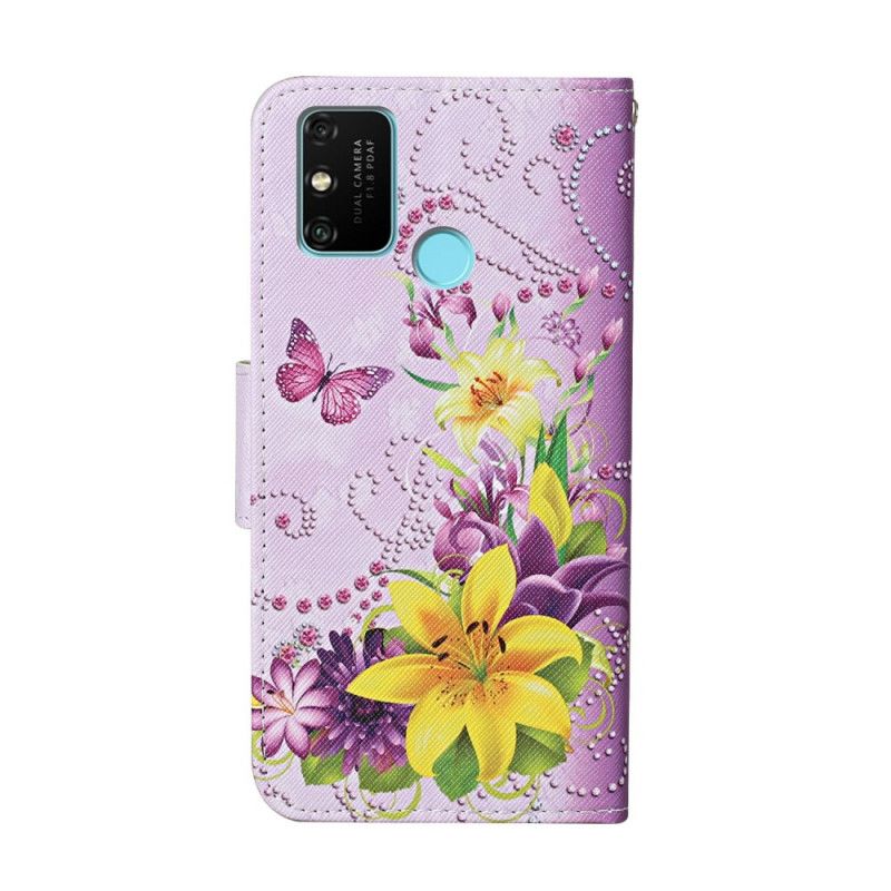 Cover Folio-hoesje Honor 9A Telefoonhoesje Vlinders En Zuiderse Bloemen Met String