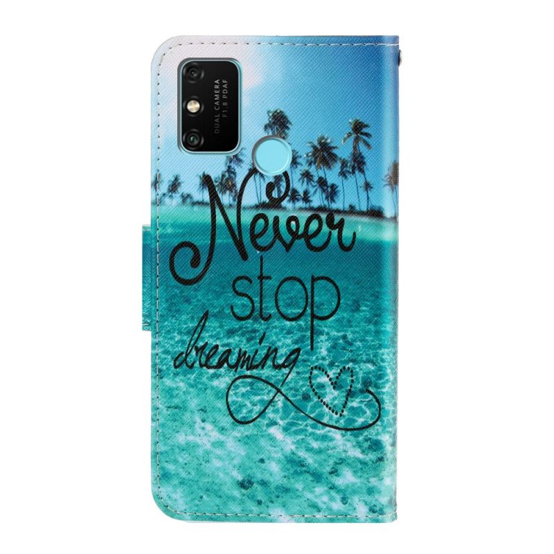 Leren Hoesje Honor 9A Stop Nooit Met Dromen Marine Met String