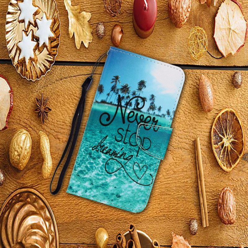 Leren Hoesje Honor 9A Stop Nooit Met Dromen Marine Met String