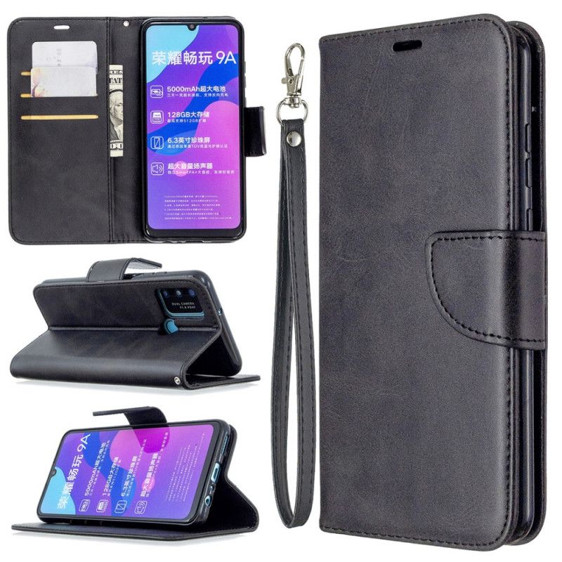 Leren Hoesje voor Honor 9A Grijs Zwart Gladde Schuine Klep