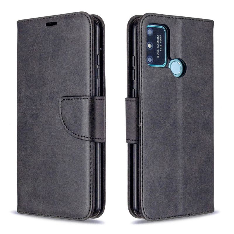Leren Hoesje voor Honor 9A Grijs Zwart Gladde Schuine Klep