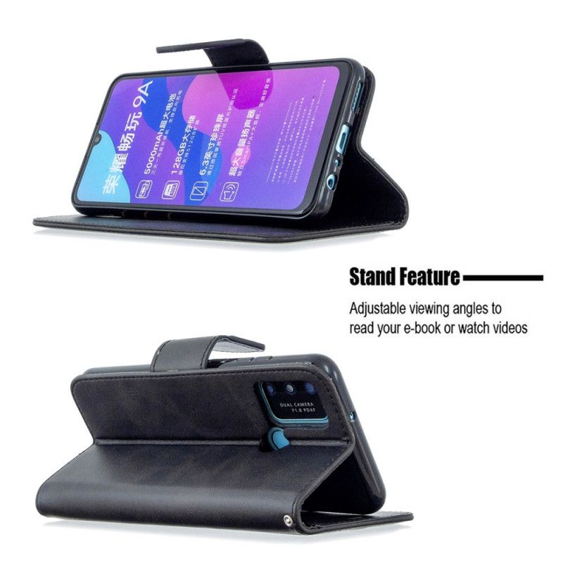 Leren Hoesje voor Honor 9A Grijs Zwart Gladde Schuine Klep