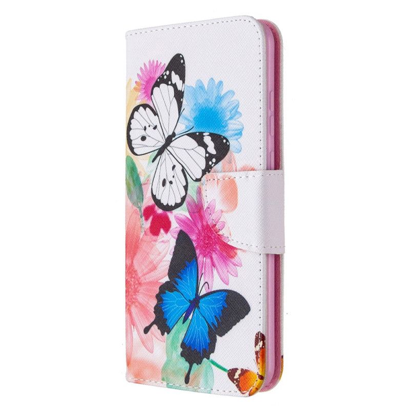 Leren Hoesje voor Honor 9A Lichtblauw Magenta Geschilderde Vlinders En Bloemen