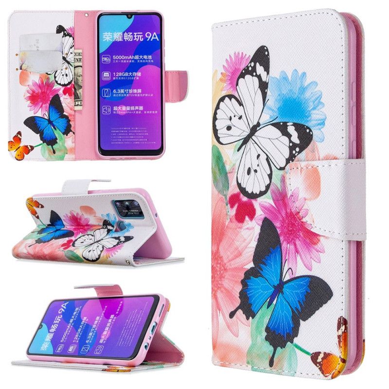 Leren Hoesje voor Honor 9A Lichtblauw Magenta Geschilderde Vlinders En Bloemen