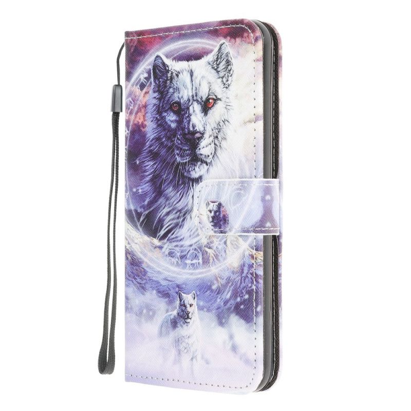 Cover Folio-hoesje Xiaomi Redmi 9C Telefoonhoesje Wolf In De Winter Met String