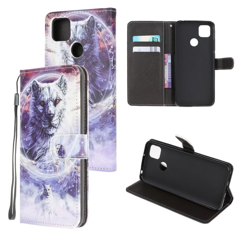 Cover Folio-hoesje Xiaomi Redmi 9C Telefoonhoesje Wolf In De Winter Met String