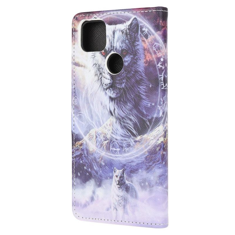 Cover Folio-hoesje Xiaomi Redmi 9C Telefoonhoesje Wolf In De Winter Met String
