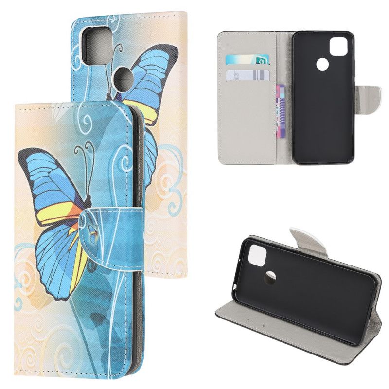 Flip Case Leren Xiaomi Redmi 9C Blauwe En Gele Vlinder
