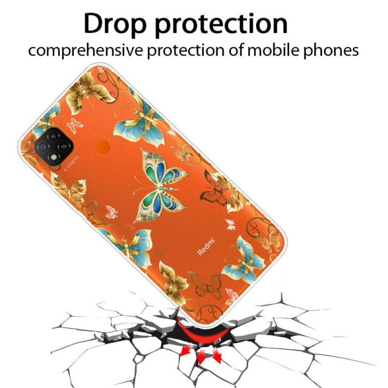 Hoesje voor Xiaomi Redmi 9C Goud Donkerblauw Vlinders