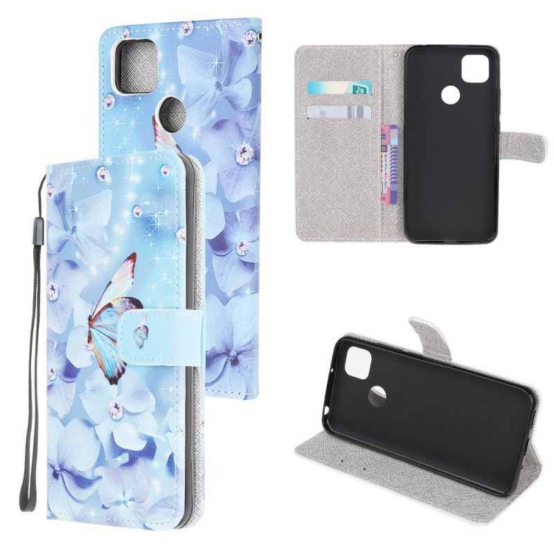Leren Hoesje voor Xiaomi Redmi 9C Diamanten Vlinders Met String