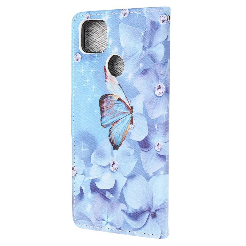 Leren Hoesje voor Xiaomi Redmi 9C Diamanten Vlinders Met String