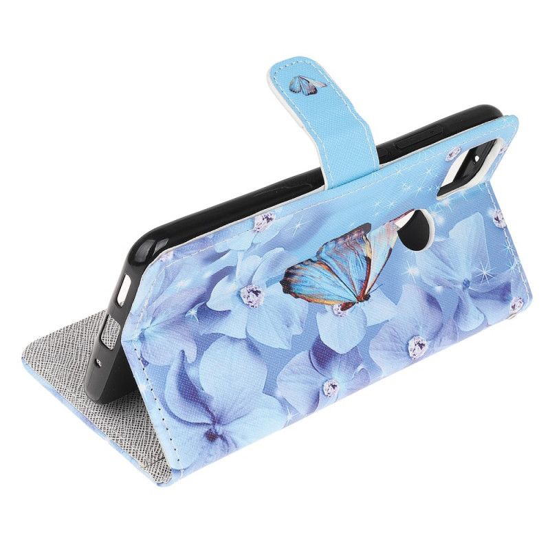 Leren Hoesje voor Xiaomi Redmi 9C Diamanten Vlinders Met String
