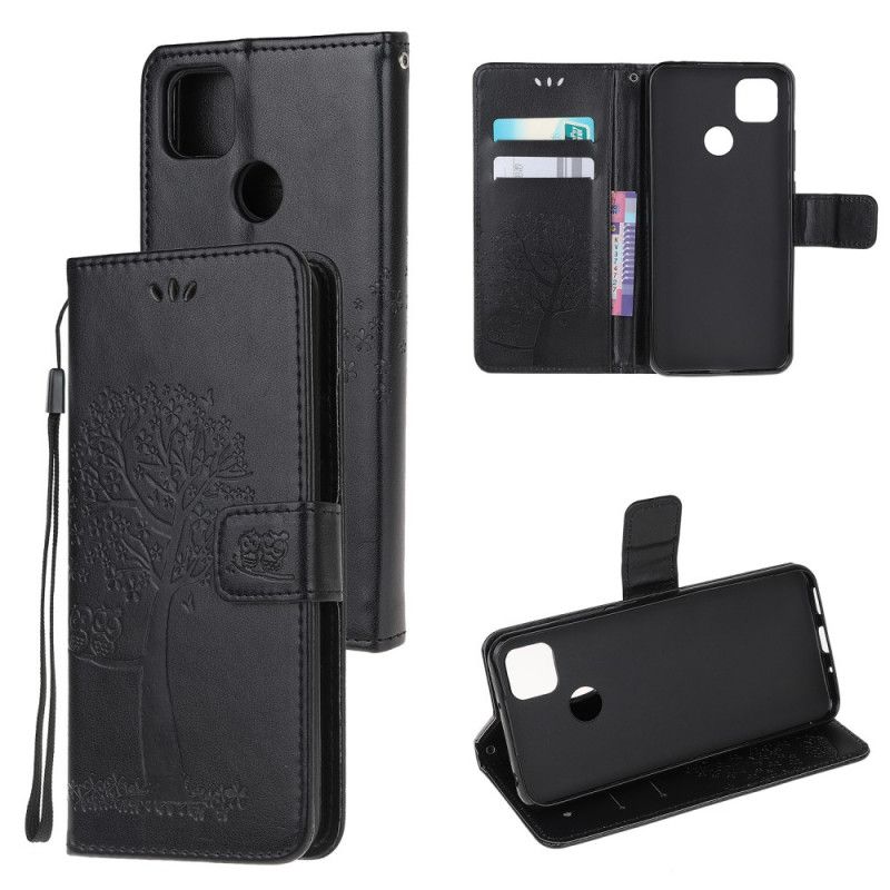 Leren Hoesje voor Xiaomi Redmi 9C Grijs Zwart Boom En String Uilen