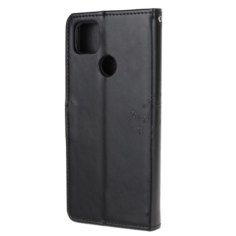 Leren Hoesje voor Xiaomi Redmi 9C Grijs Zwart Boom En String Uilen