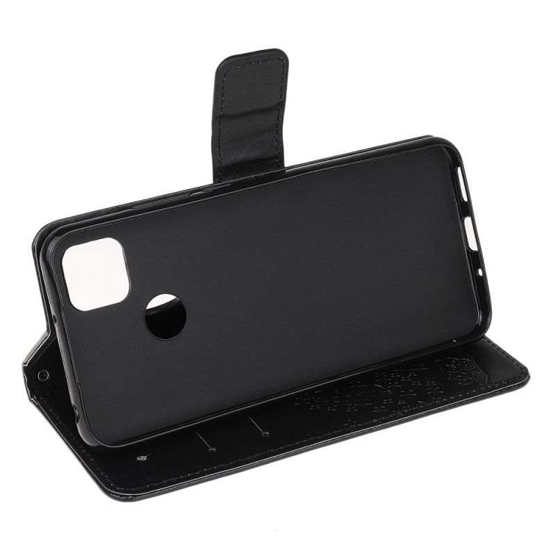 Leren Hoesje voor Xiaomi Redmi 9C Grijs Zwart Boom En String Uilen