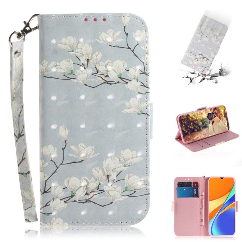 Leren Hoesje voor Xiaomi Redmi 9C Groen Grijs Bloeiende Tak Met String