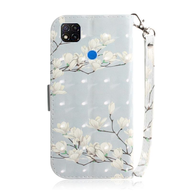 Leren Hoesje voor Xiaomi Redmi 9C Groen Grijs Bloeiende Tak Met String
