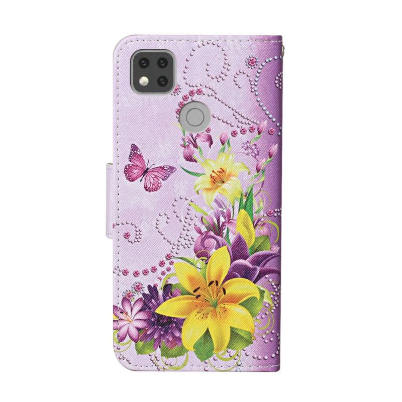 Leren Hoesje voor Xiaomi Redmi 9C Vlinders En Zuiderse Bloemen Met String
